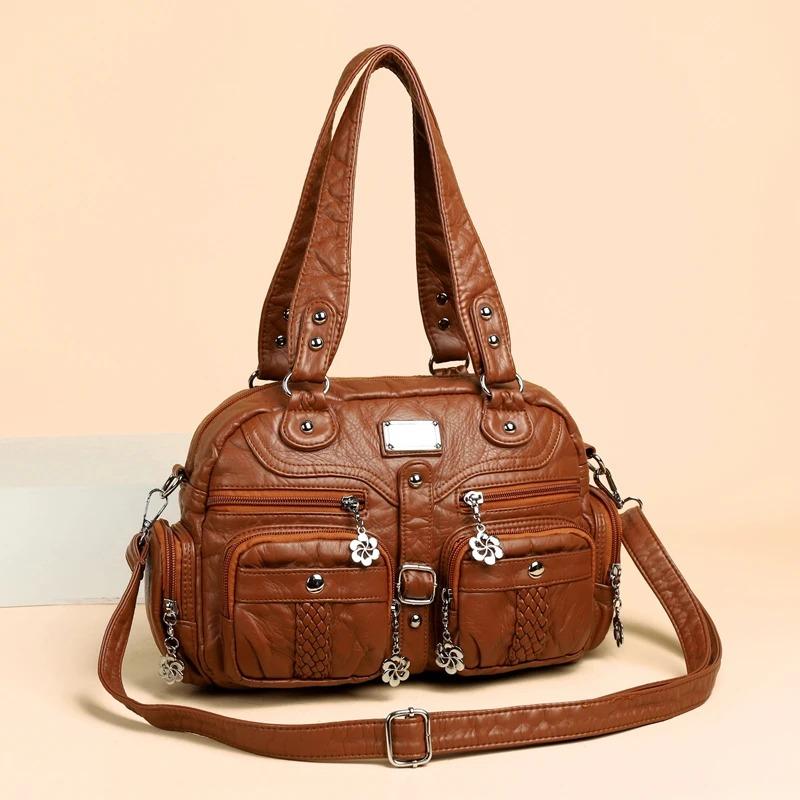 2025 New Women's Handbag Casual Commuter Multi Pocket Single Shoulder Middle aged Mom's Bag Soft Leather Versatile Crossbody Bag
