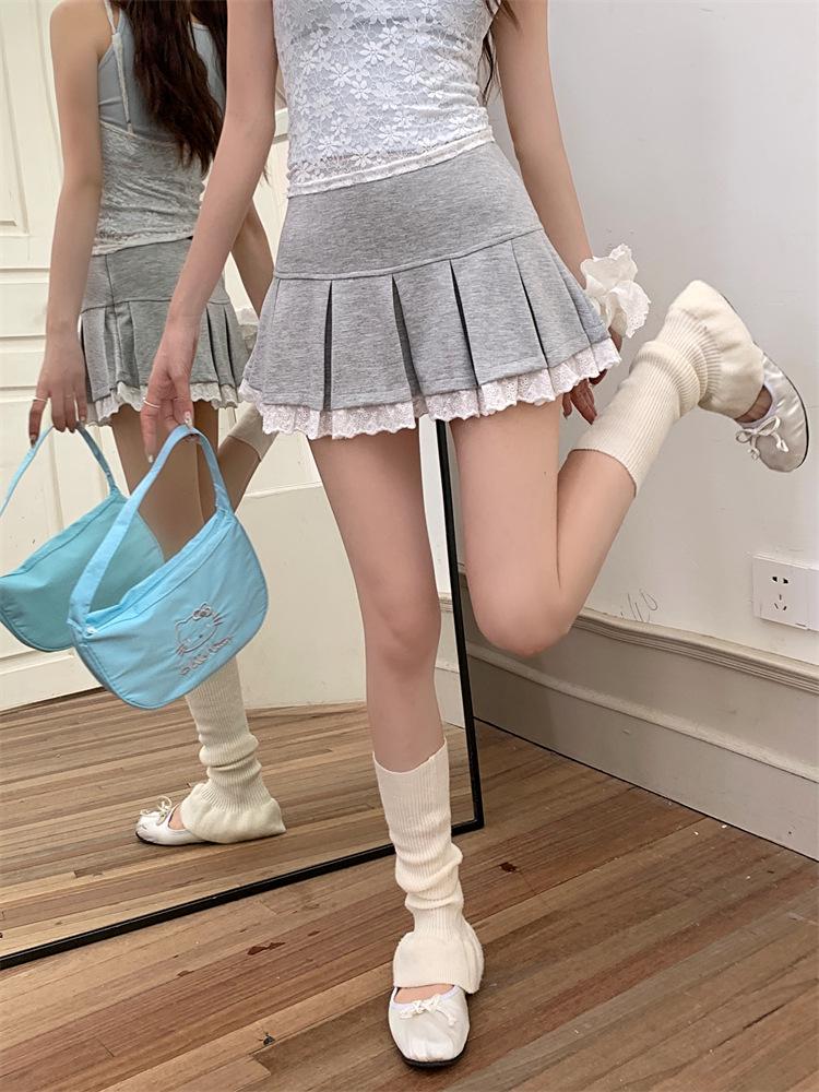 Gray High-Waisted Pleated Lace Mini Skirt - Women's Ballet Style, Summer A-Line, Anti-Exposure, Zipper.