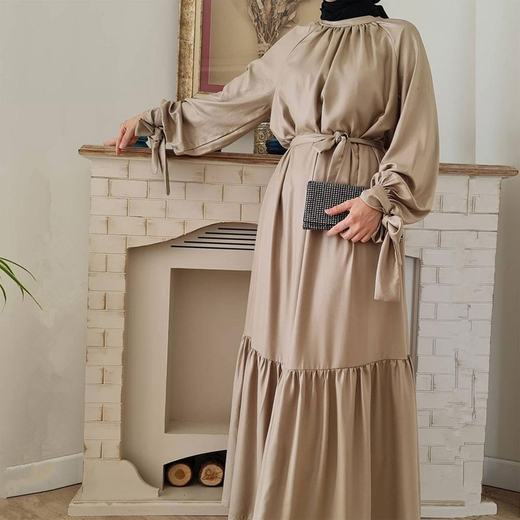 Fashion Long Sleeve Muslim Dress Solid Color Elegant Women's Modest Wear Clothing Lace Up Turkey Kaftan Eid Robes