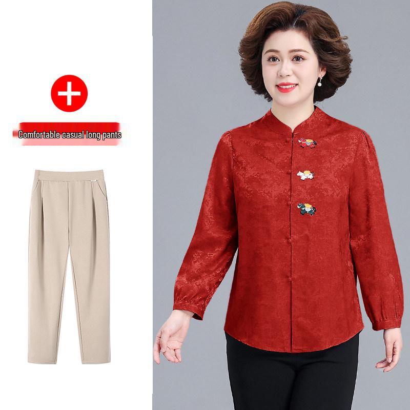 Elegant Spring 2026 Wedding Set: Stylish, Long-Sleeved Blouse for Mothers and Mother-in-Laws - Perfect for Middle-aged and Elderly Women