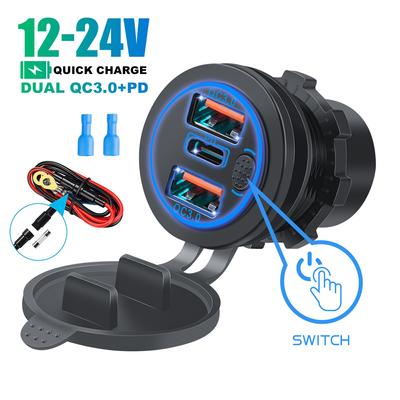 Triple Car Charger Socket QC 3.0 USB Type-C Multiple Quickly Charge Adapter PD3.0 Ports for Truck Motorcycle with Touch Switch