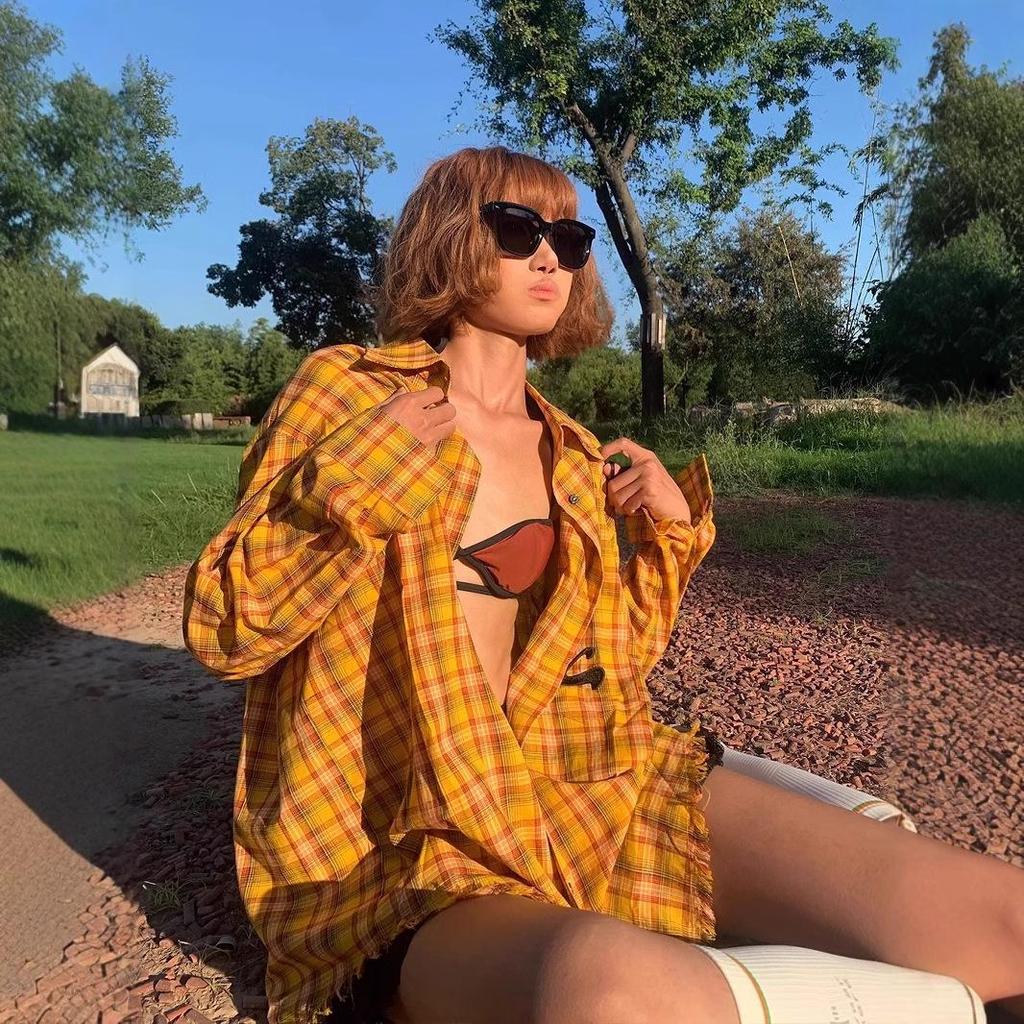 American Plaid Long-Sleeve Frayed Hem Cardigan Shirt