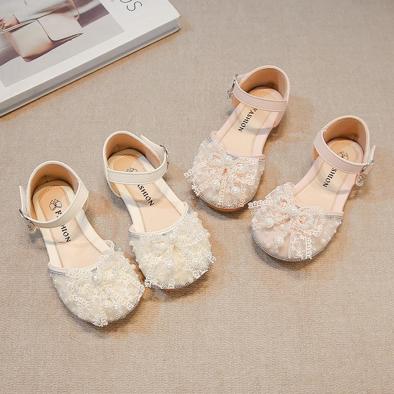 Girls Princess Shoes Pearl Bag Head Half Sandals Girls Performance Shoes 2025 Summer New Children's Soft-soled Crystal Shoes
