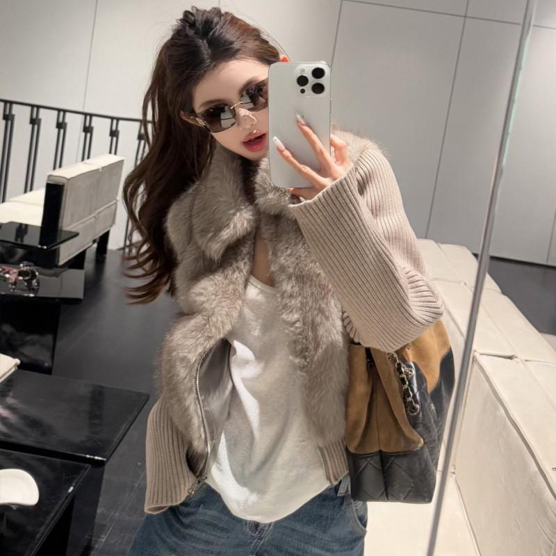 Womens Short Faux Fur Coat Knit Sleeves Slim Fit Winter 2026 Solid Color Casual Outerwear Petite Women