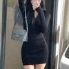 Siyah Bodycon Örme Elbise Kadın Seksi Wrap Ince Kısa Elbiseler İlkbahar ve Sonbahar Güz Katı Kıyafetler Elbiseler Femlae