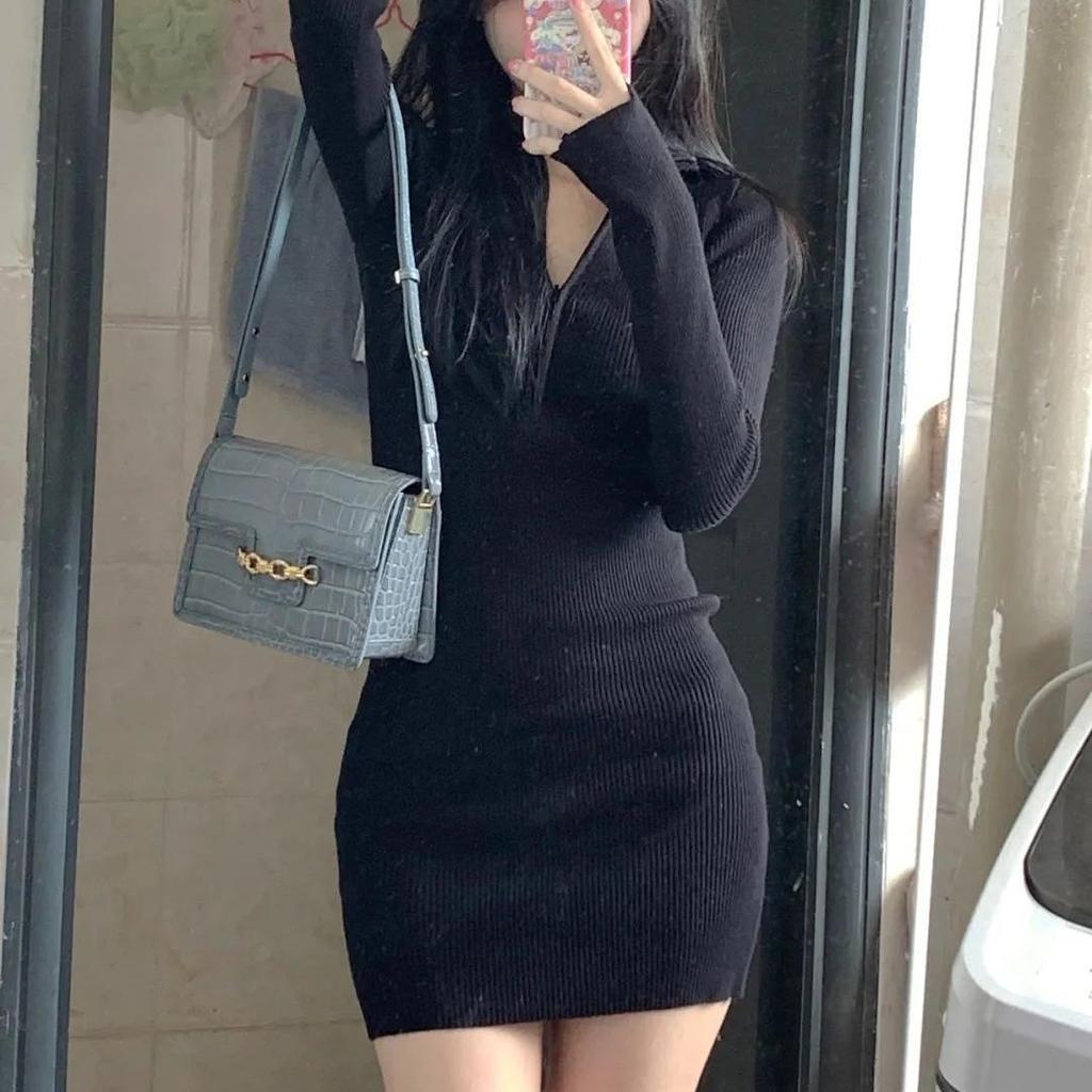 Siyah Bodycon Örme Elbise Kadın Seksi Wrap Ince Kısa Elbiseler İlkbahar ve Sonbahar Güz Katı Kıyafetler Elbiseler Femlae