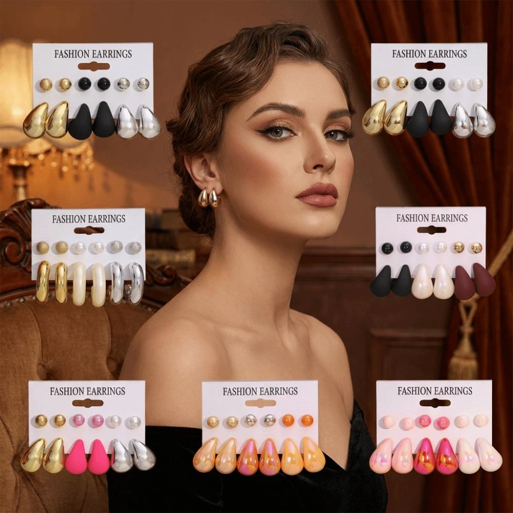 6pairs Elegant Chunky Water-drop Drop Earrings Matte Finish Luxury Teardrop Hoop Eardrop Bead Glossy Stud Earring Gift