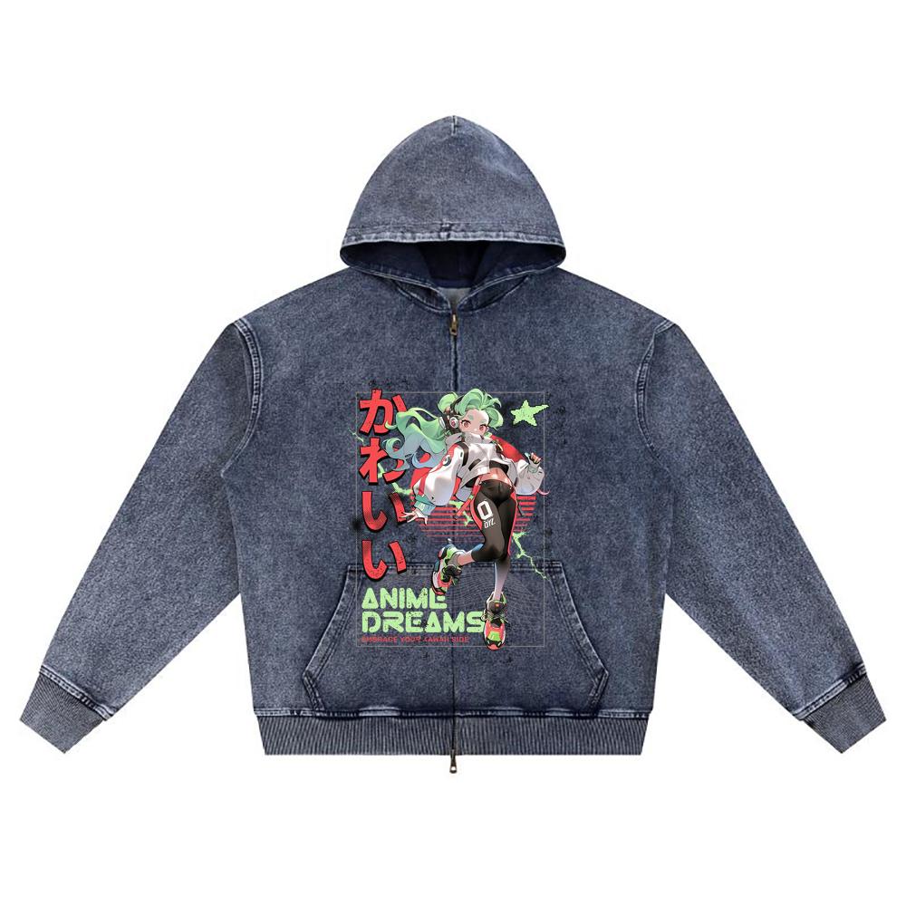 

DTG print Knitted Denim Zip-Up Hoodie Anime Dreams Brother Print Zipper Hoodies XL
