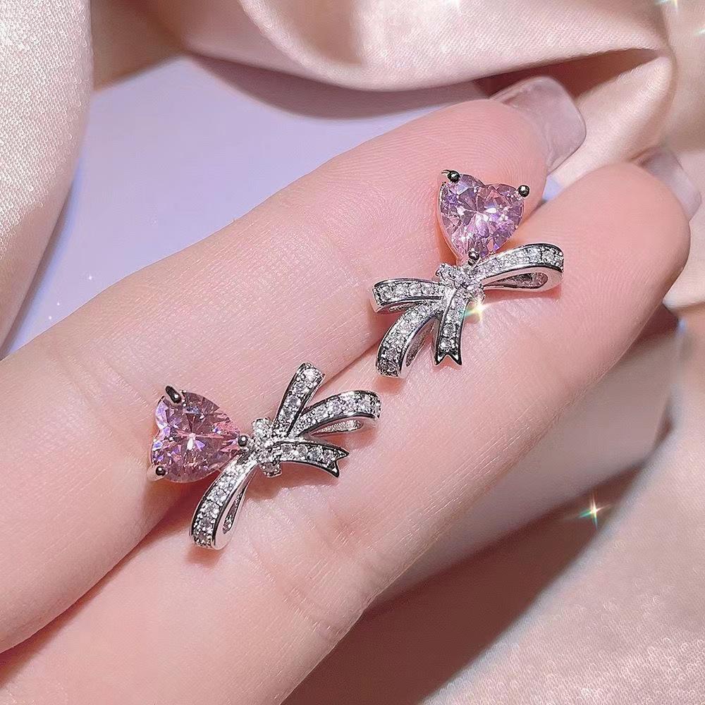 Minimalist Pink Heart Bow Diamond Earrings and Ring Set