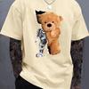 Men's 100% Pure Cotton Summer Loose Oversized Casual Mechanical Bear Pattern Printed Sports Round Neck Short Sleeved T-shirt Top