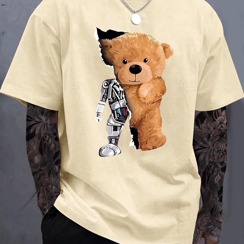 Men's 100% Pure Cotton Summer Loose Oversized Casual Mechanical Bear Pattern Printed Sports Round Neck Short Sleeved T-shirt Top