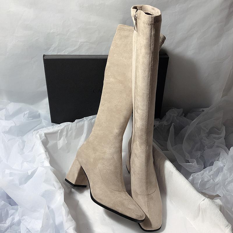 Fashion Women Boots Autumn Winter Elastic Slimming Knee-High Boots Fashion Square Toe Thick Heel Shoes for Women Side Zipper Casual Boot