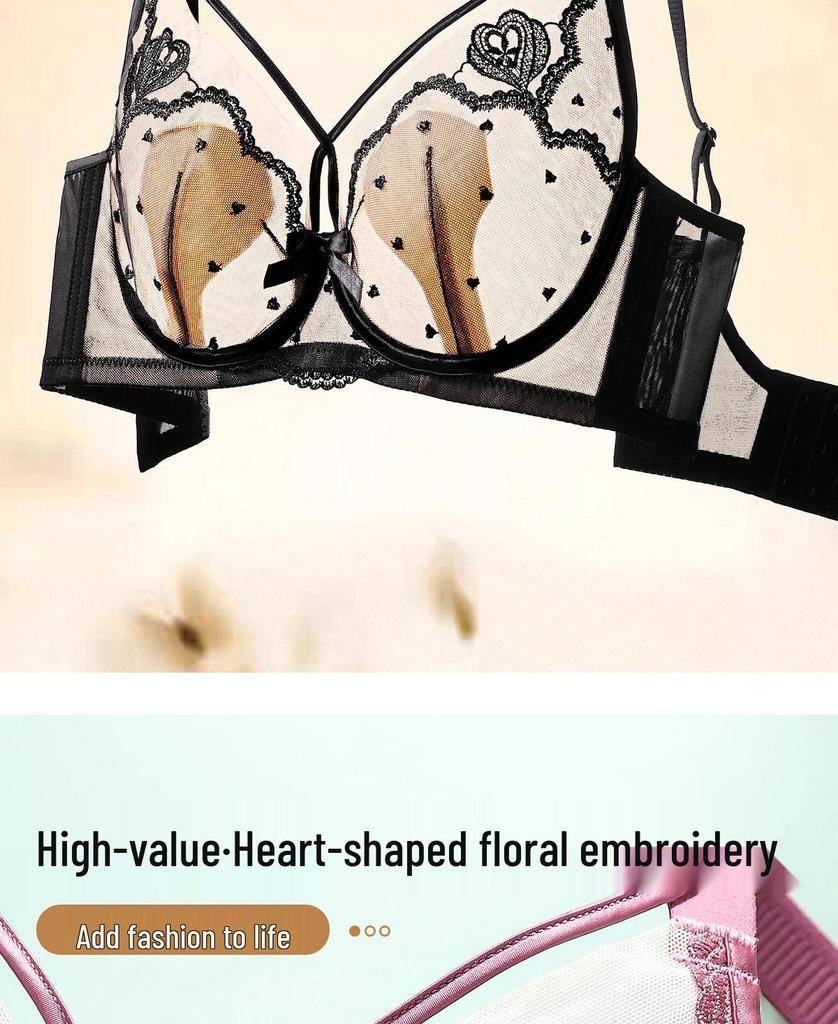 French Style Ultra-Thin Breathable Large Bust Minimizing Push-Up Bra with Soft Underwire and Rabbit Ear Crystal Cup