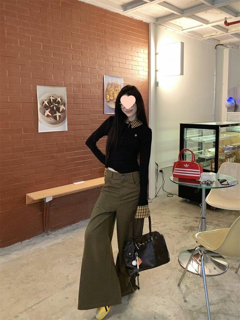 Kariertes Polo-Kragen Spleiß-Faux-Zweiteiler Langarm Slim Fit Gestricktes Damen-T-Shirt für Frühling und Herbst