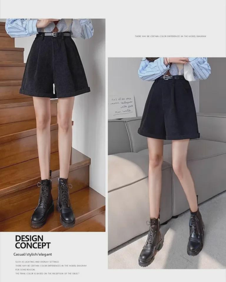 Pantaloni scurți din velur maro cu talie înaltă de damă - linie A cu picioare late pentru slăbire, perfecti pentru toamna/iarna 2023