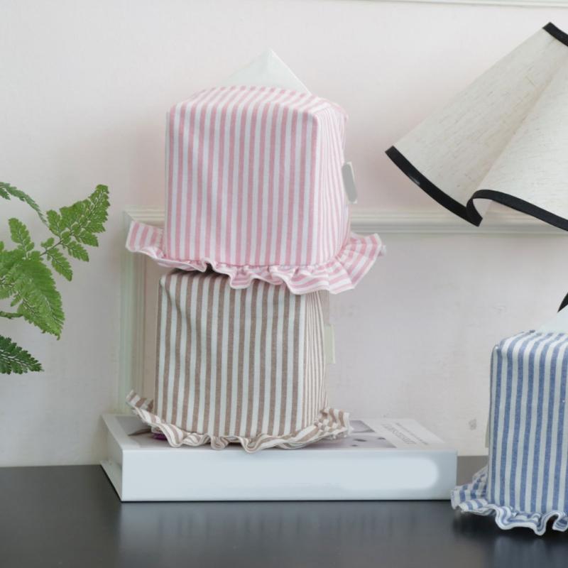 Cotton Fabric Tissue Box Cover, Lined Tissue Holder with Gathered Edge, for Bedroom Shelves in Daily Use