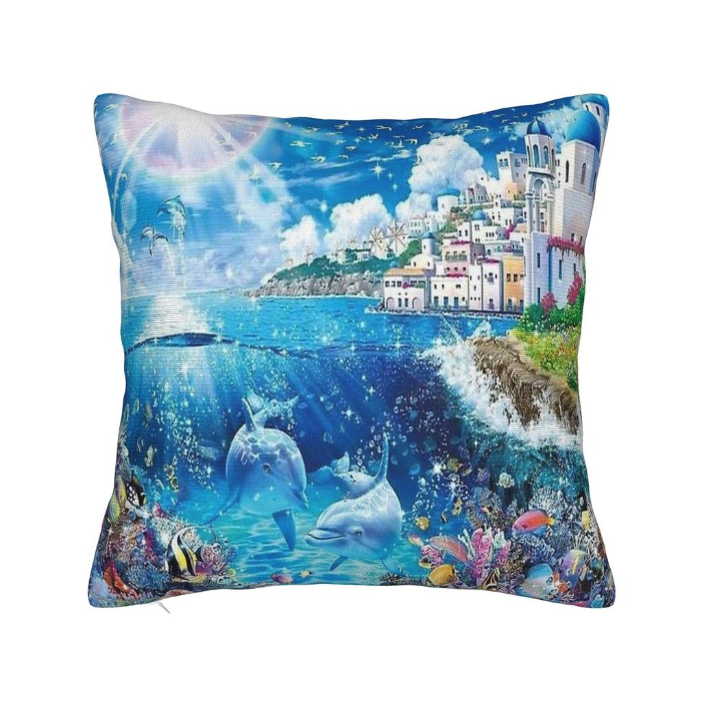 Frutiger Aero Aesthetic Square Pillow Case Tech Great Wave of Kanagawa Fishes Cushion Cover Customized Pillowcover Home 40*40cm