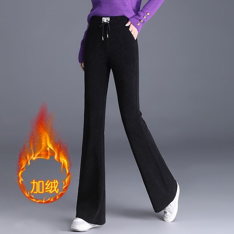 Autumn and winter new fleece thickened micro-flared pants women's large size loose and thin high-waisted corduroy casual pants long pants