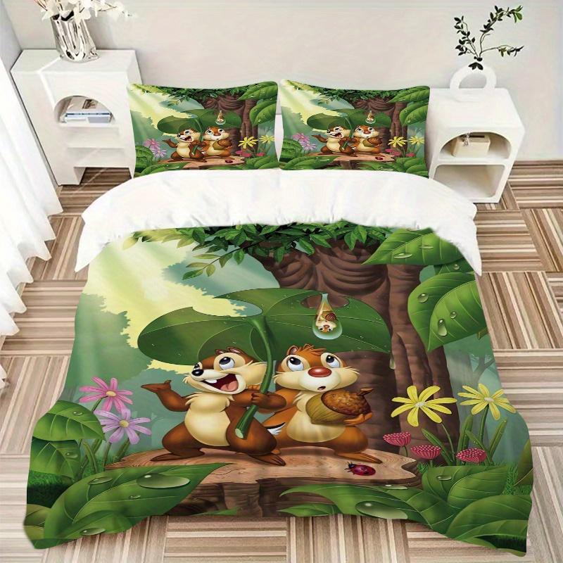 3pcs Cartoon Chip & Dale Print Bedding Set (1 Cover + 2 Pillowcases, Without Inserts) S007