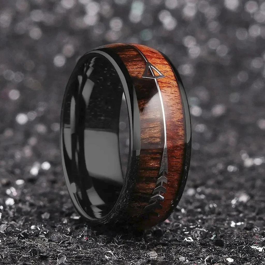 Fashion 8mm Men's Black Stainless Steel Ring Inlay Abalone Shell And Koa Wood Arrow Rings For Men Wedding Band Jewelry Drop Ship