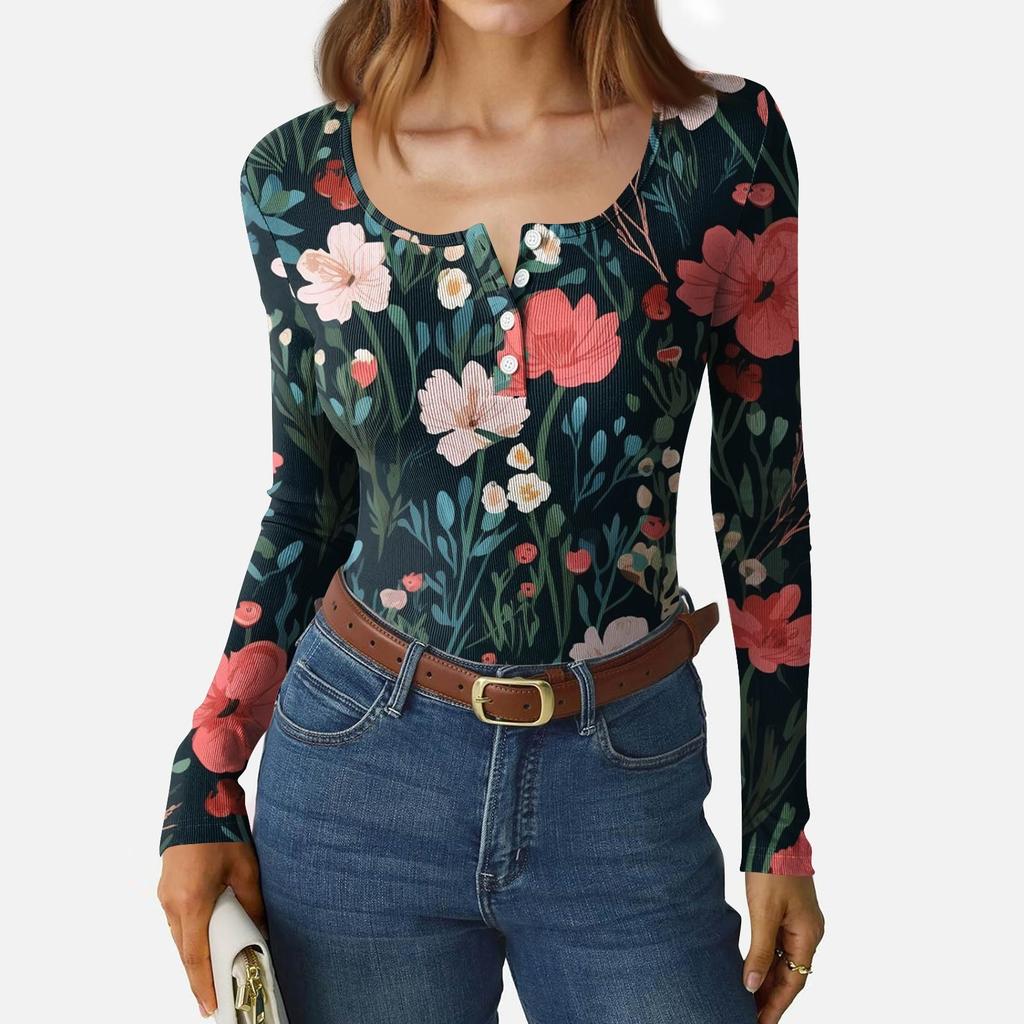 Women's Slim Bottom T-shirt Fashion Casual Gradient Printing Round Neck Pullover Long Sleeve Top