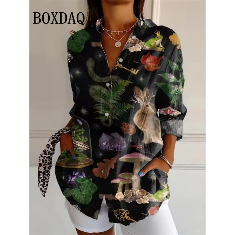 Women's Halloween 3D Witch Bat Print Blouse 2025 Autumn Fashion Long Sleeve Tops Trendy Loose Casual Lapel Party Shirts