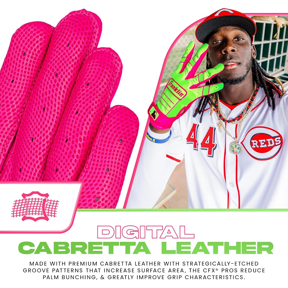 Franklin Sports CFX Pro Adult Youth Baseball Batting Gloves Pair Premium Leather Pink Green Apple Adult Size M