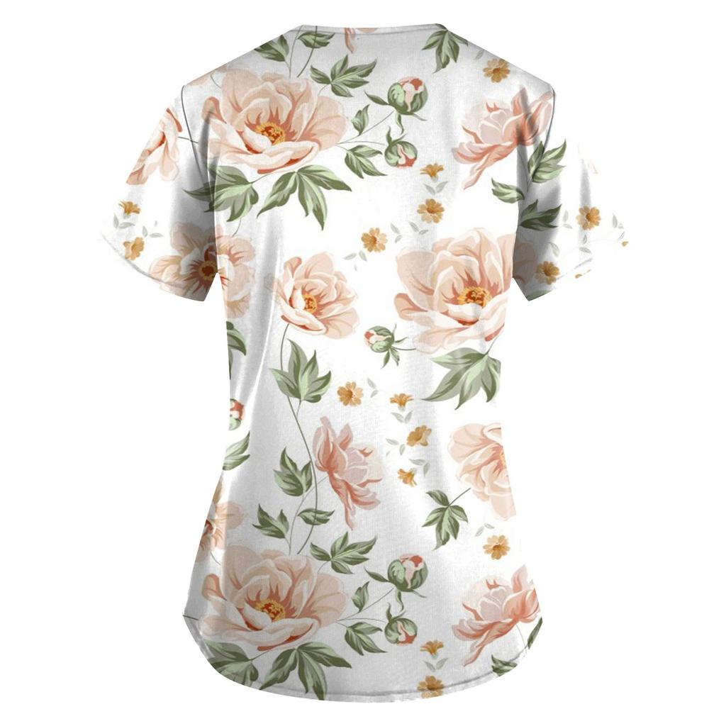 Women Fashion Butterfly Print V-neck Short Sleeve Workwear With Pockets Tops