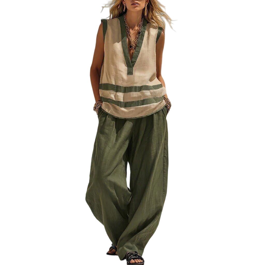 Completo da Donna con Top Scollo a V Senza Maniche e Pantaloni a Gamba Larga Vestibilità Larga Due Pezzi Abbigliamento Casual Stile Rilassato per l'Uso Quotidiano