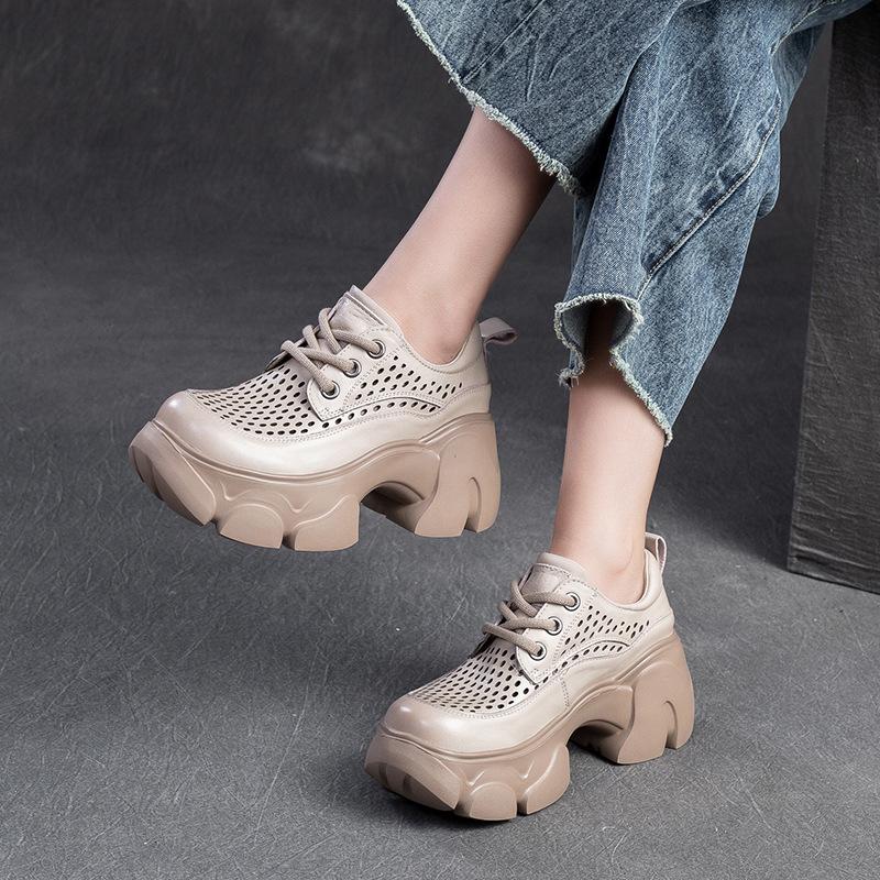 Fashion 7CM Women Chunky Platform Shoes Summer Hollow Out Breathable Genuine Cow Leather Round Toe Thick High Heel Casual Shoes