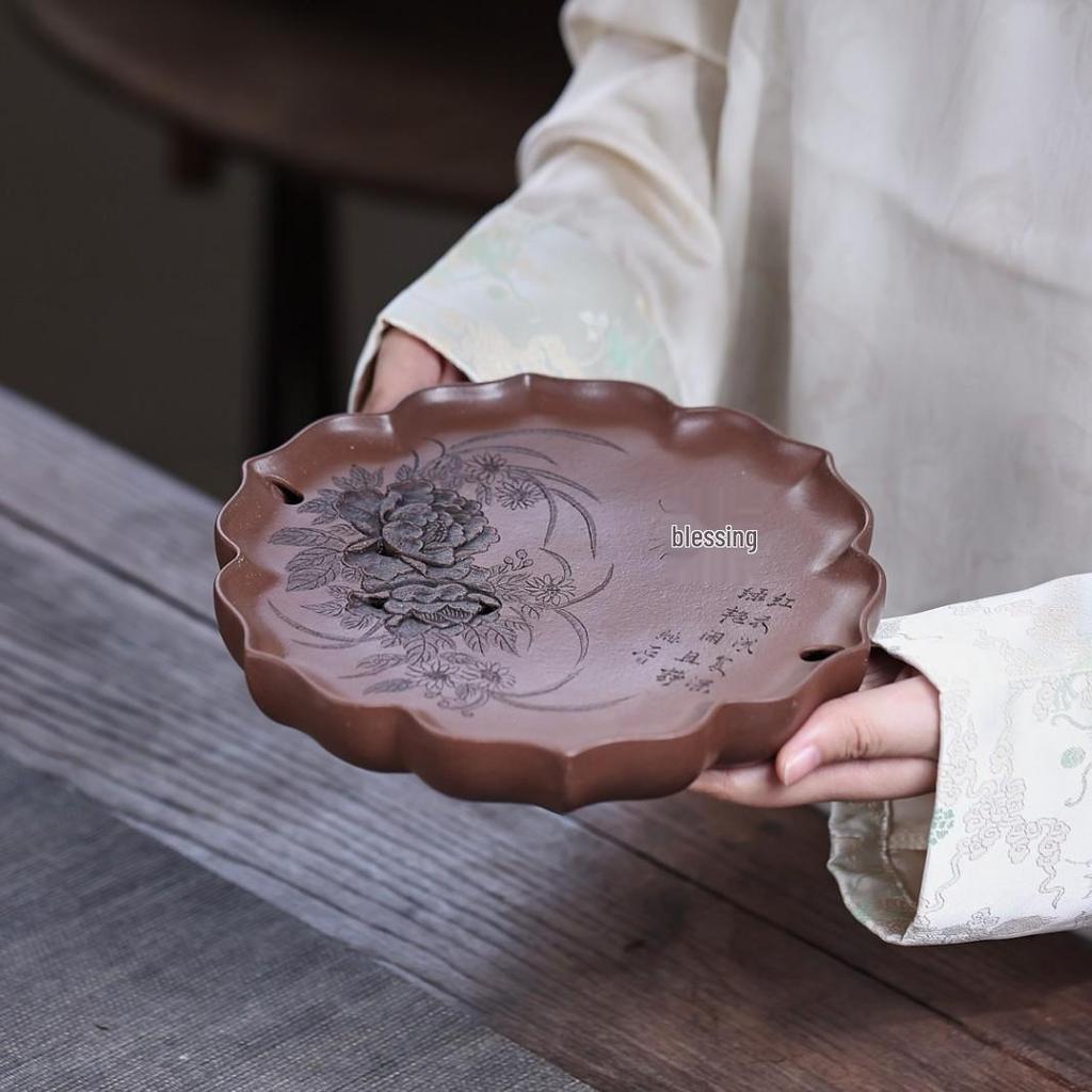 Butterfly Fragrance Zisha Tea Tray: Handmade Relief Carved Dry Brewing Kettle Holder in Retro Style