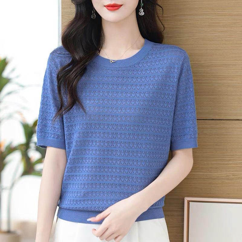 Dámské letní pletené tričko s krátkým rukávem plus velikost s kulatým výstřihem volný pletený top