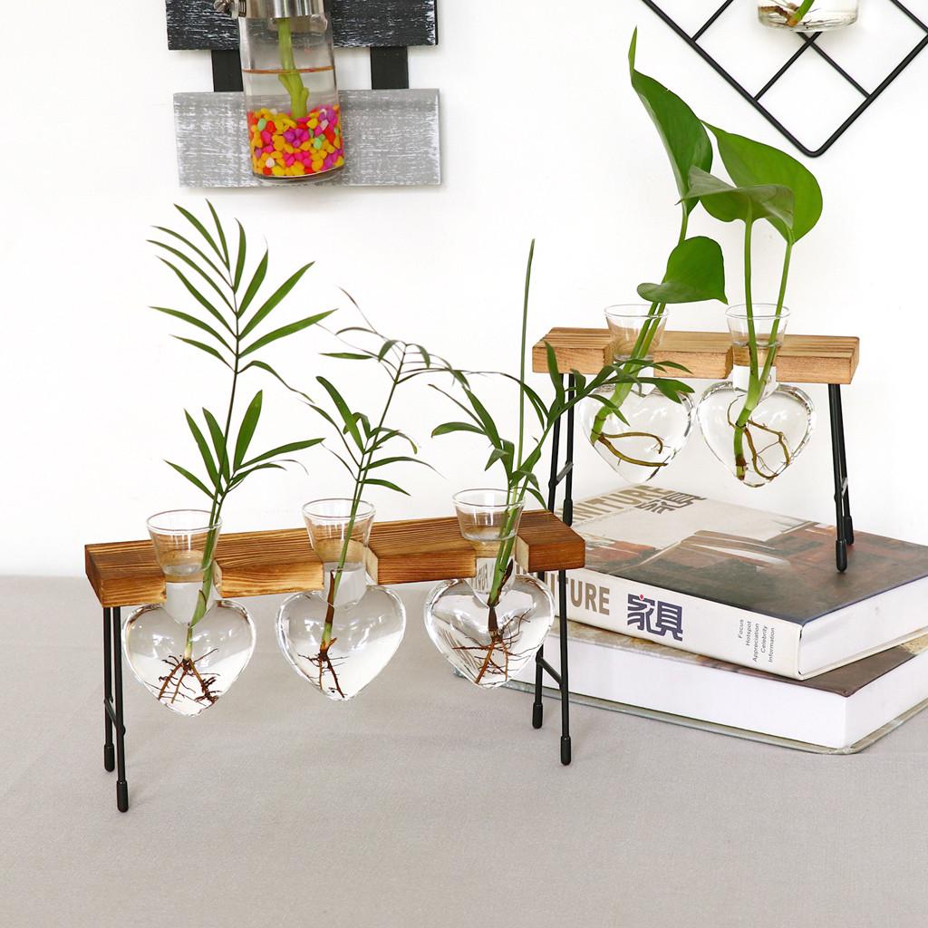 Heart Shape Glass Hydroponic Vase Flower Plant Pot Wooden Tray Desk Decoration