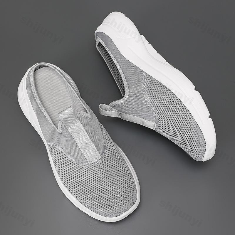 Men Casual Slippers Mesh Slip-On Solid Color Loafers Flat Slippers Summer Couple Shoes Half Slippers Plus Size Sandalias 39-48