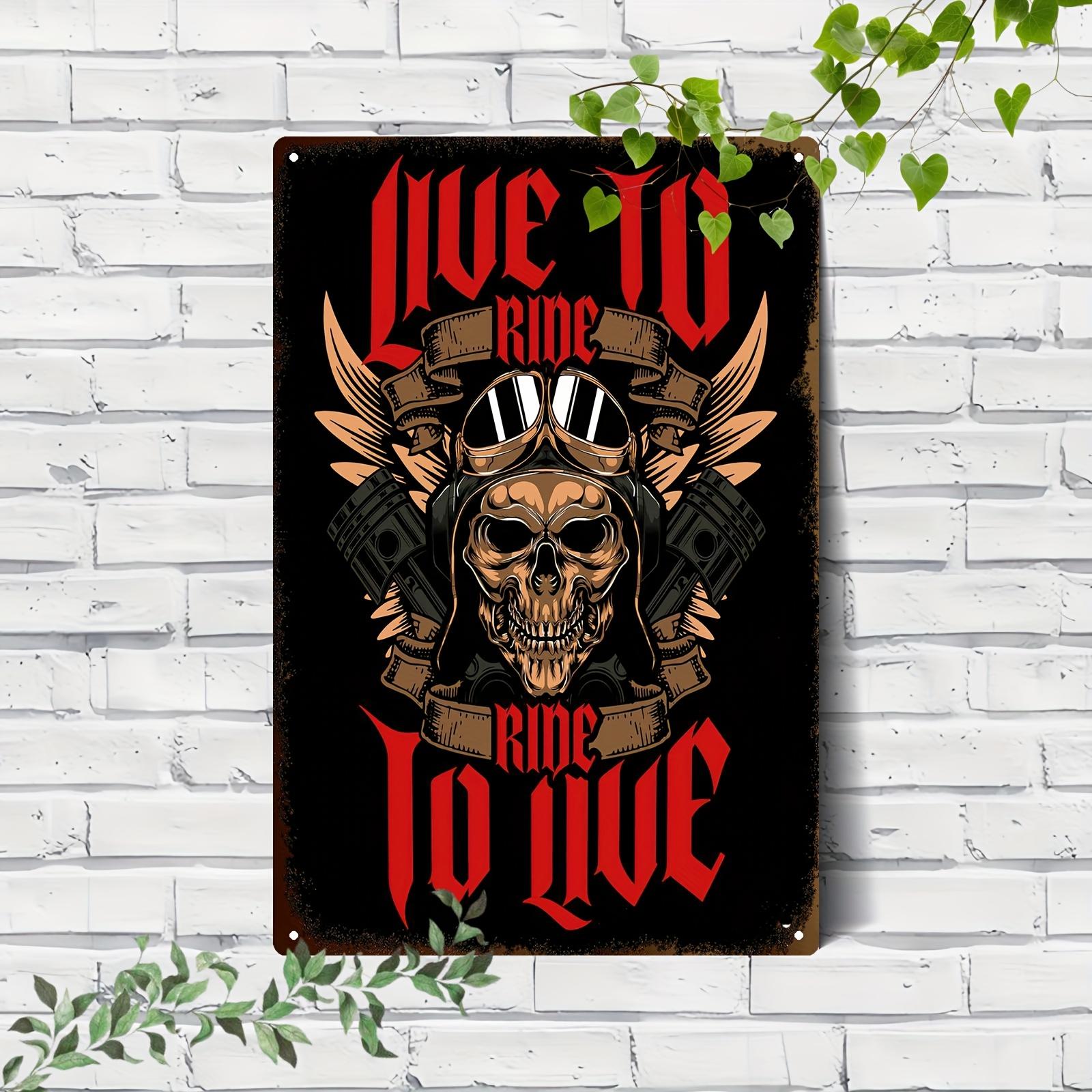 Vintage Aluminum Metal Sign Wall Art Edgy Skull Wings Design with Live to Ride Biker Slogan Rustic Home Office Garag aluminum 20x30cm