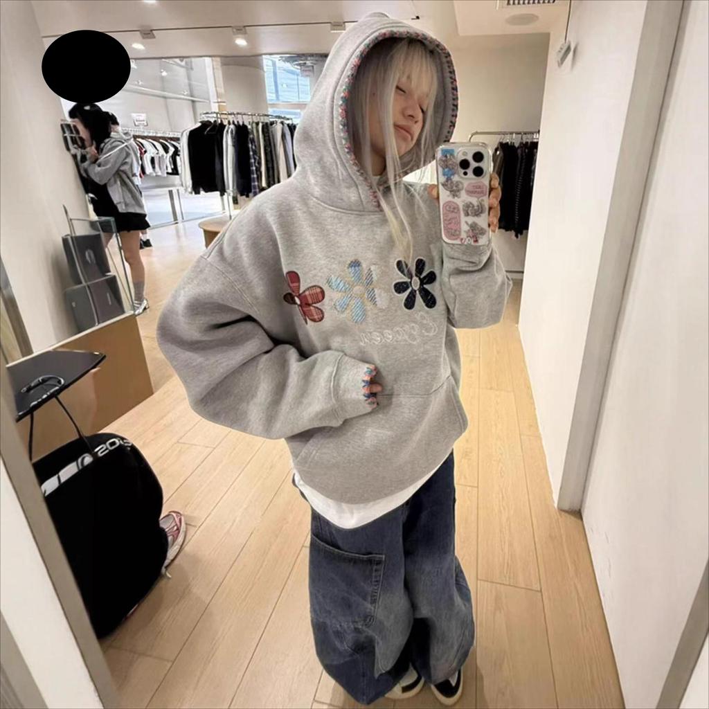 Flower-patterned Embroidered Brim Hooded Sweatshirt for Women In Autumn and Winter, Loose Couple Casual and Laid-back Style Coat