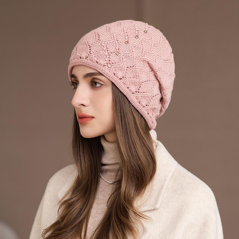 Autumn and Winter New Hat Women's Fashion Pearl Wool Hat Mother Warm Ear Protection Rabbit Hair Knitted Hat