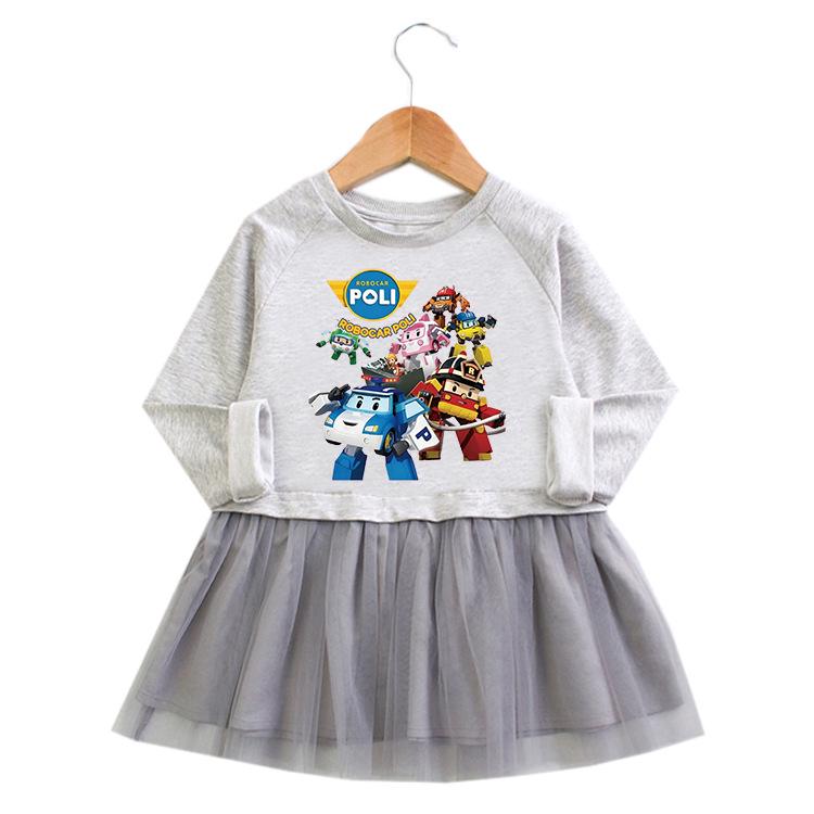 Korean Style Baby Girl Cartoon Ruffle Dress - Long Sleeve Elegant Mesh Pleated Skirt