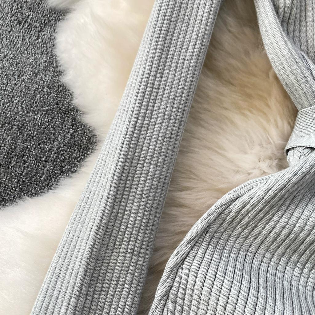 Podzim Zima Dámské Elegantní Svetr s V-výstřihem a Dlouhým Rukávem Pletený Pulovr Dlouhé Midi Šněrovací Županové Šaty