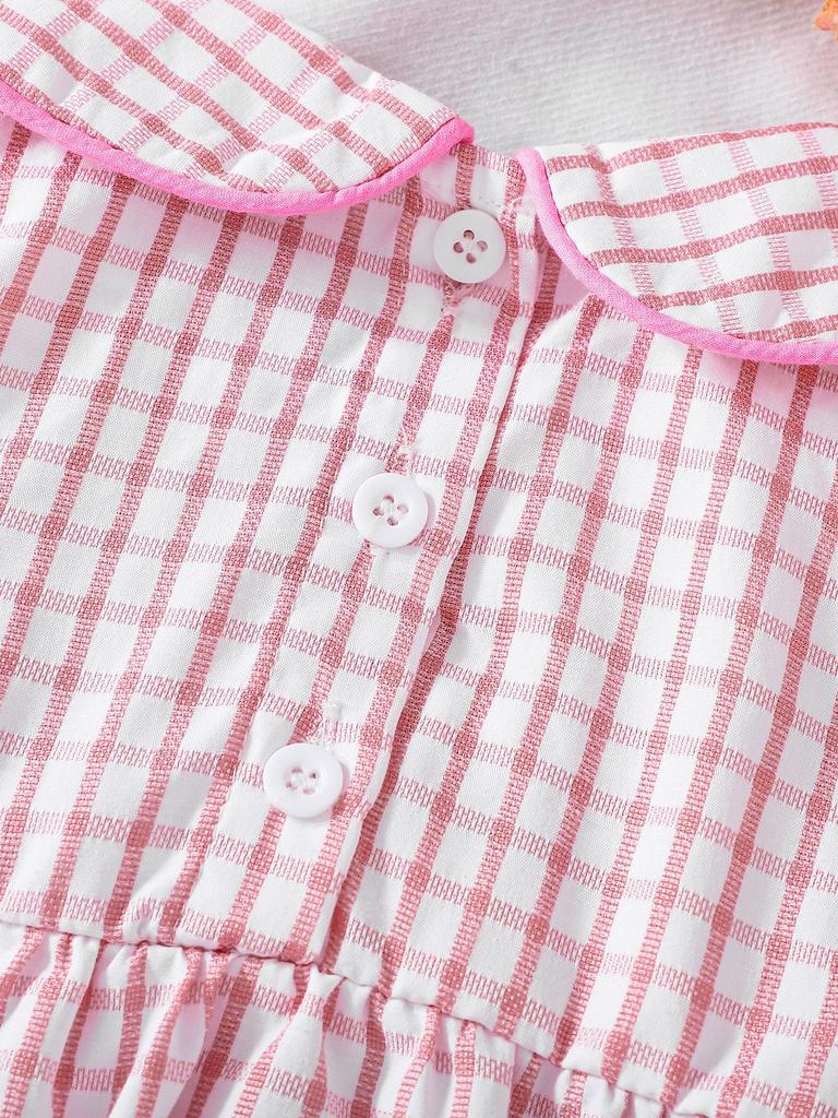 Sweet Korean Style Baby Bubble Romper, Pink White Plaid with Colorful Flowers, Newborn Summer Outfit