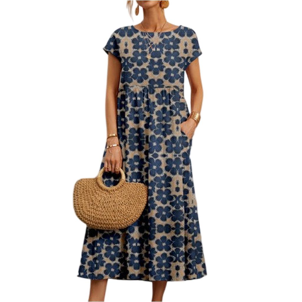 Fashionable Women's Loose Fitting Cotton And Linen  Round Neck Printed Summer Dress