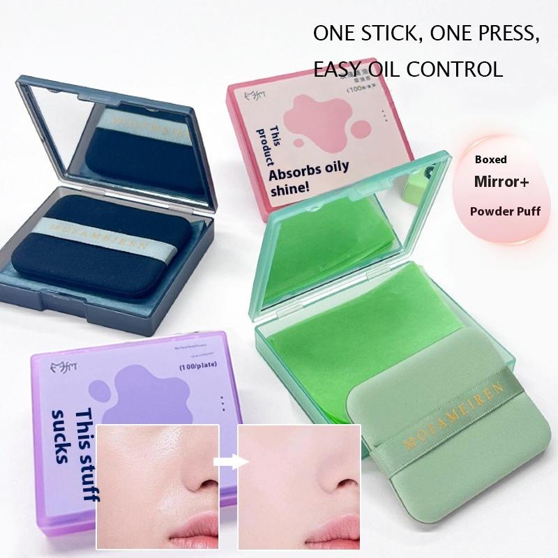 100Sheets Oil-absorbing Paper With Mirror Case &Puff Portable Oil-holding Bamboo Charcoal Tea Paper For Oily Skin Makeup
