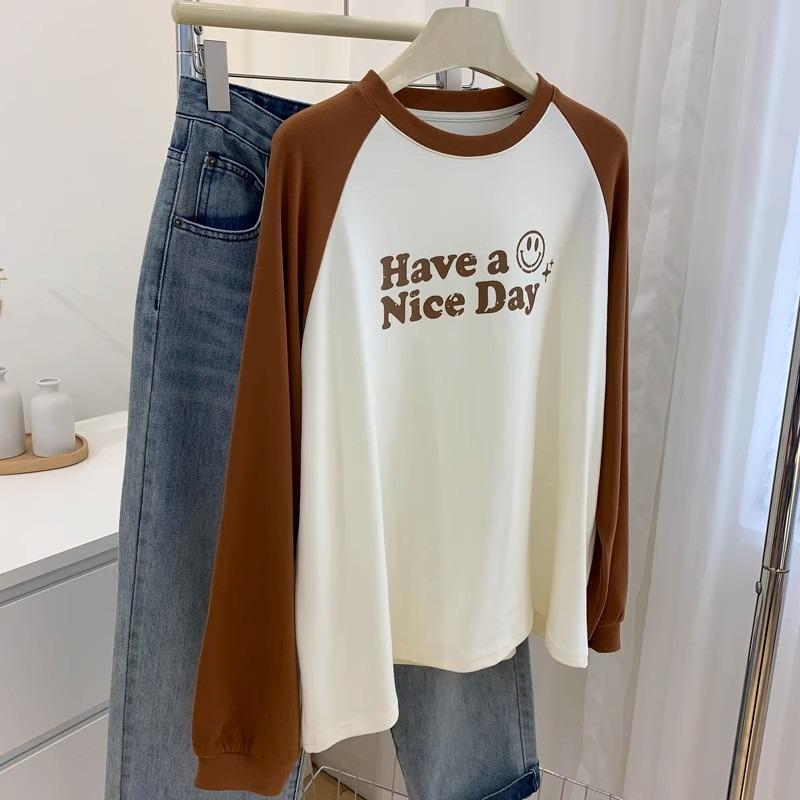 Contrasting Color Inner Bottoming Shirt Women's Pure Cotton Shoulder-plugged Long-sleeved T-shirt Loose Hoodie Top