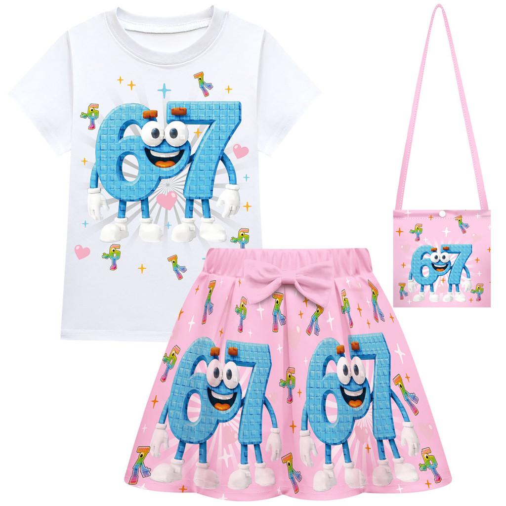 Kids Girls Steal a Brainrot 67 Print Sets Short Sleeves T-Shirt Skirt Bag Clothes Set