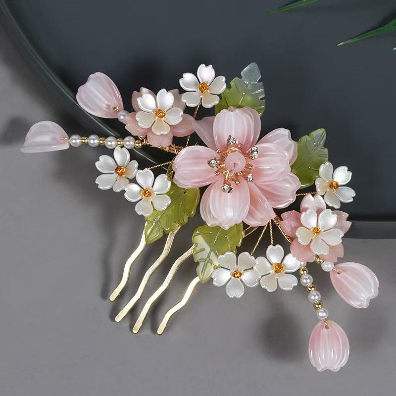 Vintage Flower Hairpin Elegant Chinese Style Glass Flower Hair Comb For Women Girls Exquisite Fairy Metal Hair Accessories 1pc