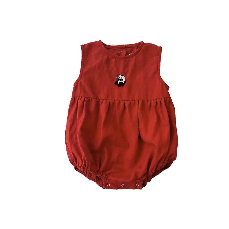 

Little Alice Children s Cotton and Linen Romper, Sleeveless Jumpsuit for Infants and Toddlers, Purely Hand-Embroidered Baby Romper Panda Embroidered Red Jumpsuit 90