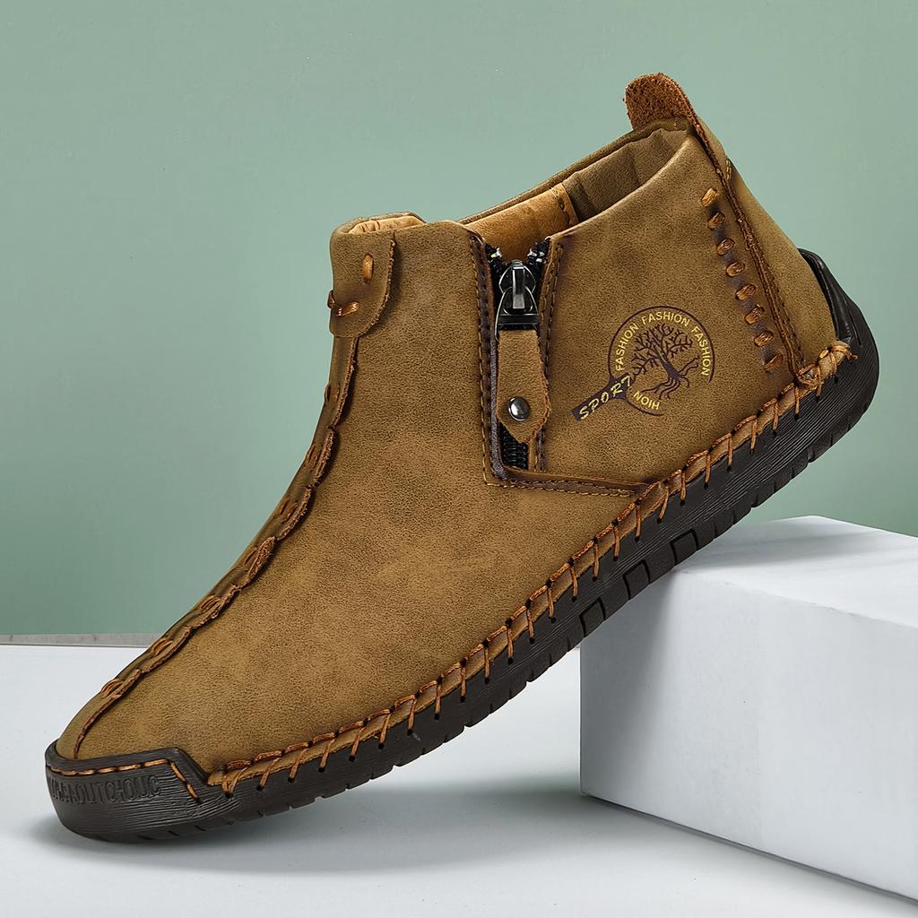 New Classic Handmade Leather Men Shoes Zipper Design Outdoor Sneakers Slip On Casual Shoes Leather Breathable Men Ankle Boots