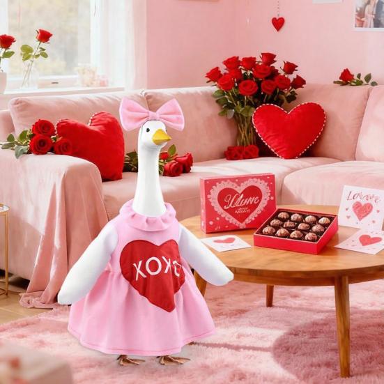 Valentine's Day Goose Costume for 23 Inch Porch Goose Soft Pink Heart Design Goose Suit with Bow Outdoor Garden Lawn Decoration