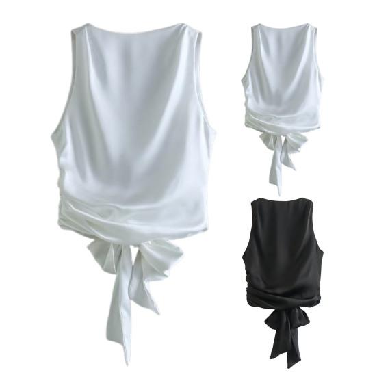 Women Summer Vest Round Neck Sleeveless Backless Smooth Satin Texture Vest Top with Bow Tie Closure Tank Tops