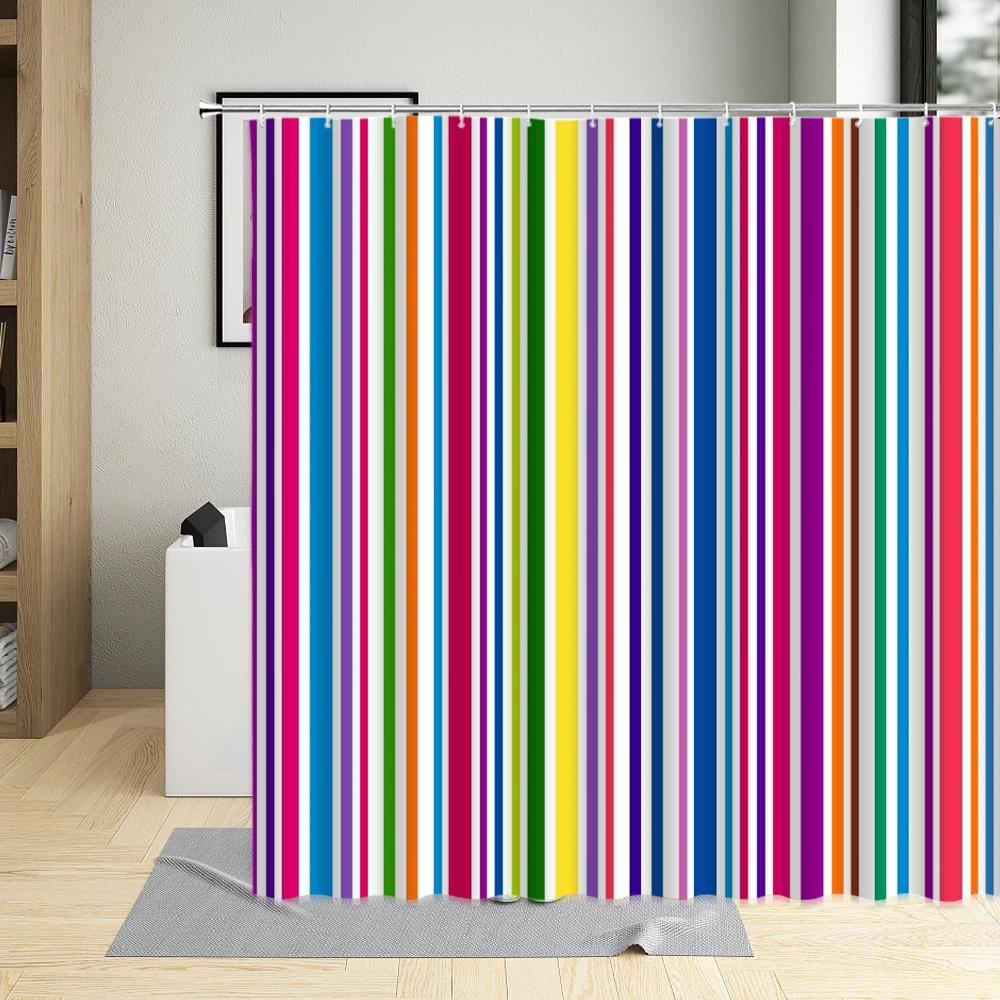 Geometric Lines Shower Curtain Colorful Stripe Printing Waterproof Bathroom Decor Polyester Fabric Curtains With 12 Pcs Hooks